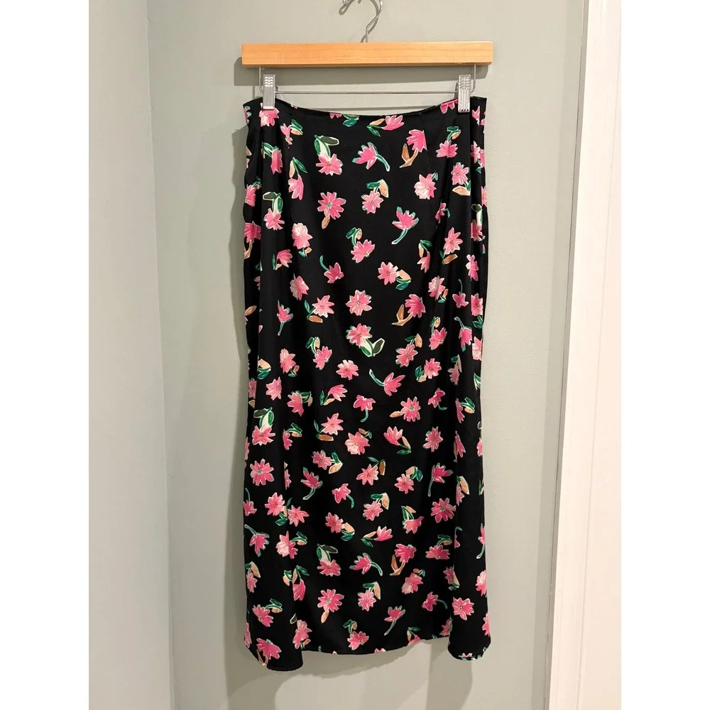 Zara Womens Floral Print Satin Midi Skirt Black Pink High Waist Slit Size Medium